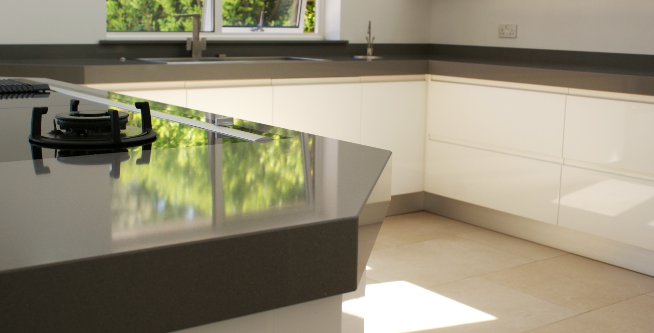 Kitchen composite worktop with mitre drop edge profile